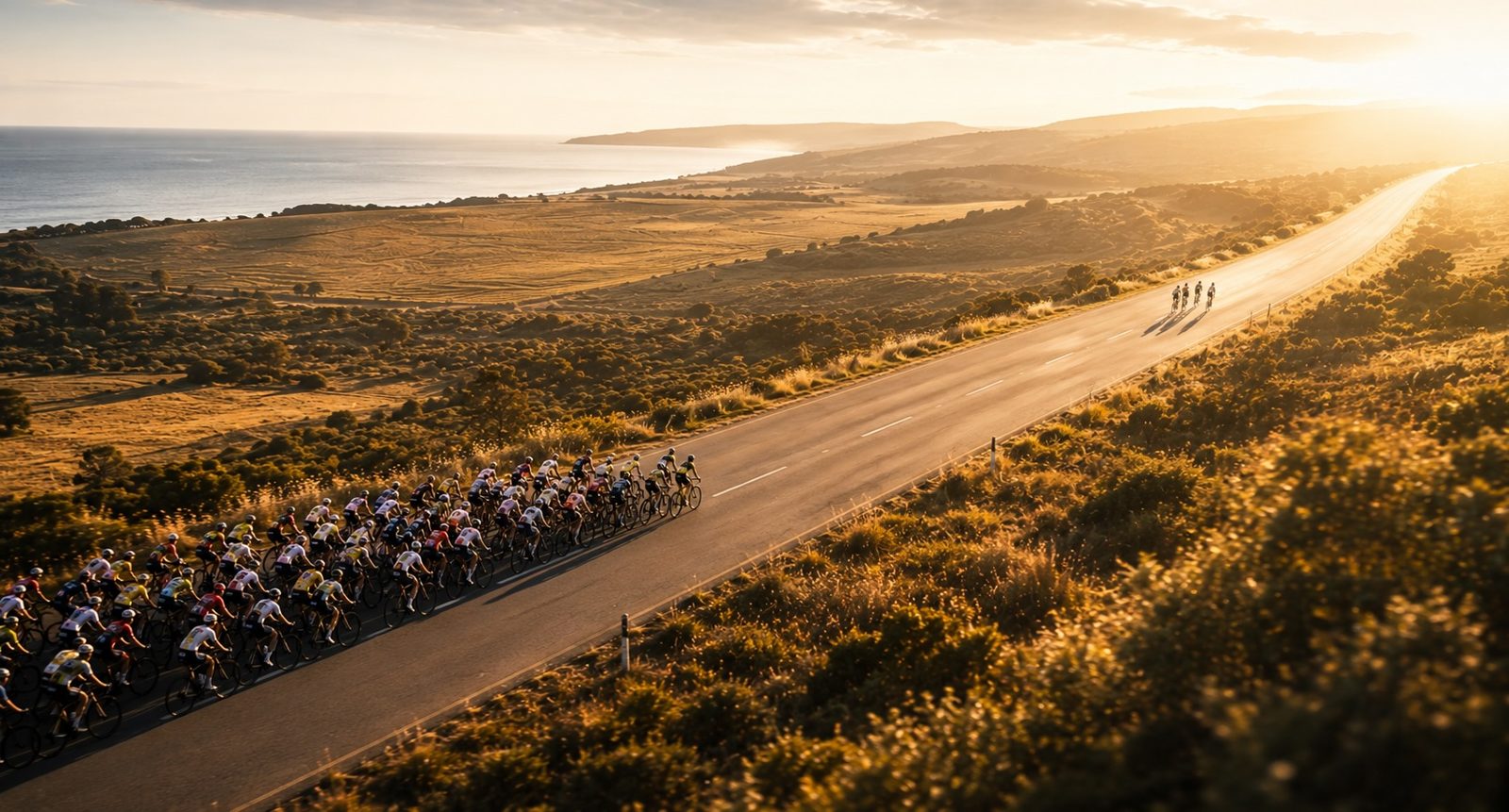 A breakaway group of cyclists pulling clear of the peloton