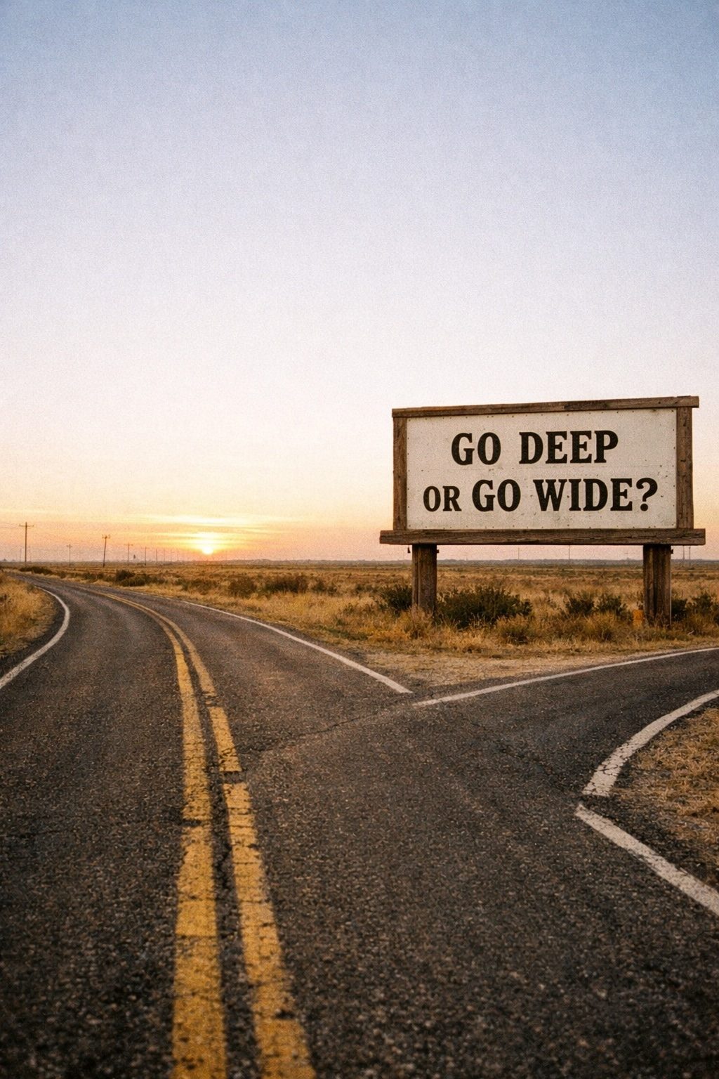A billboard at a fork in the road reading Go Deep or Go Wide