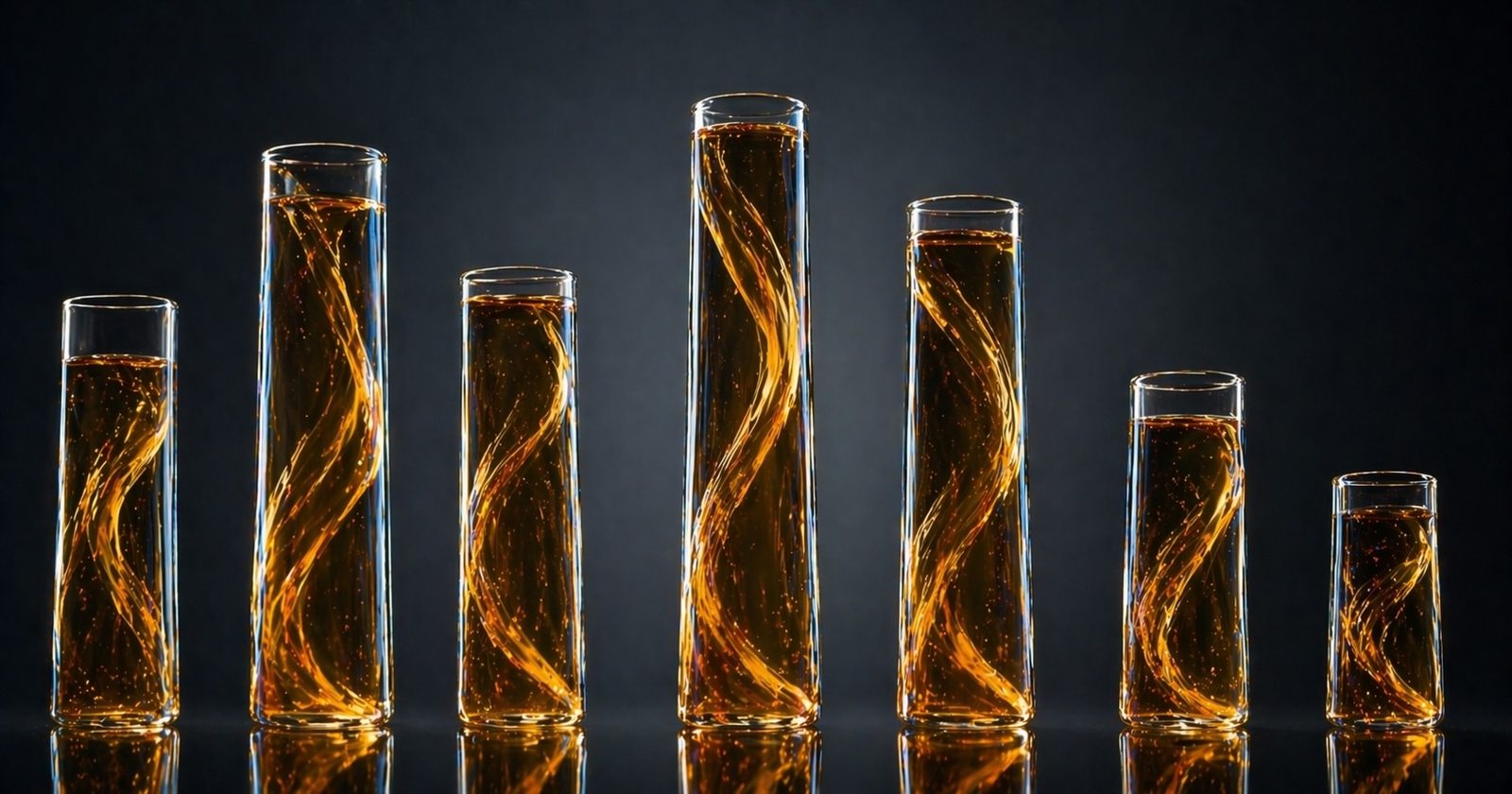 Seven glass vessels holding swirls of amber liquid