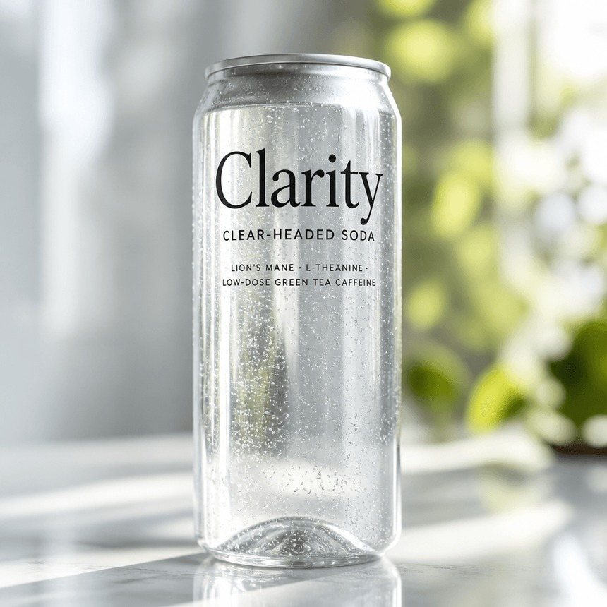 A product impression of Clarity, a clear-headed functional soda, rendered as a finished concept