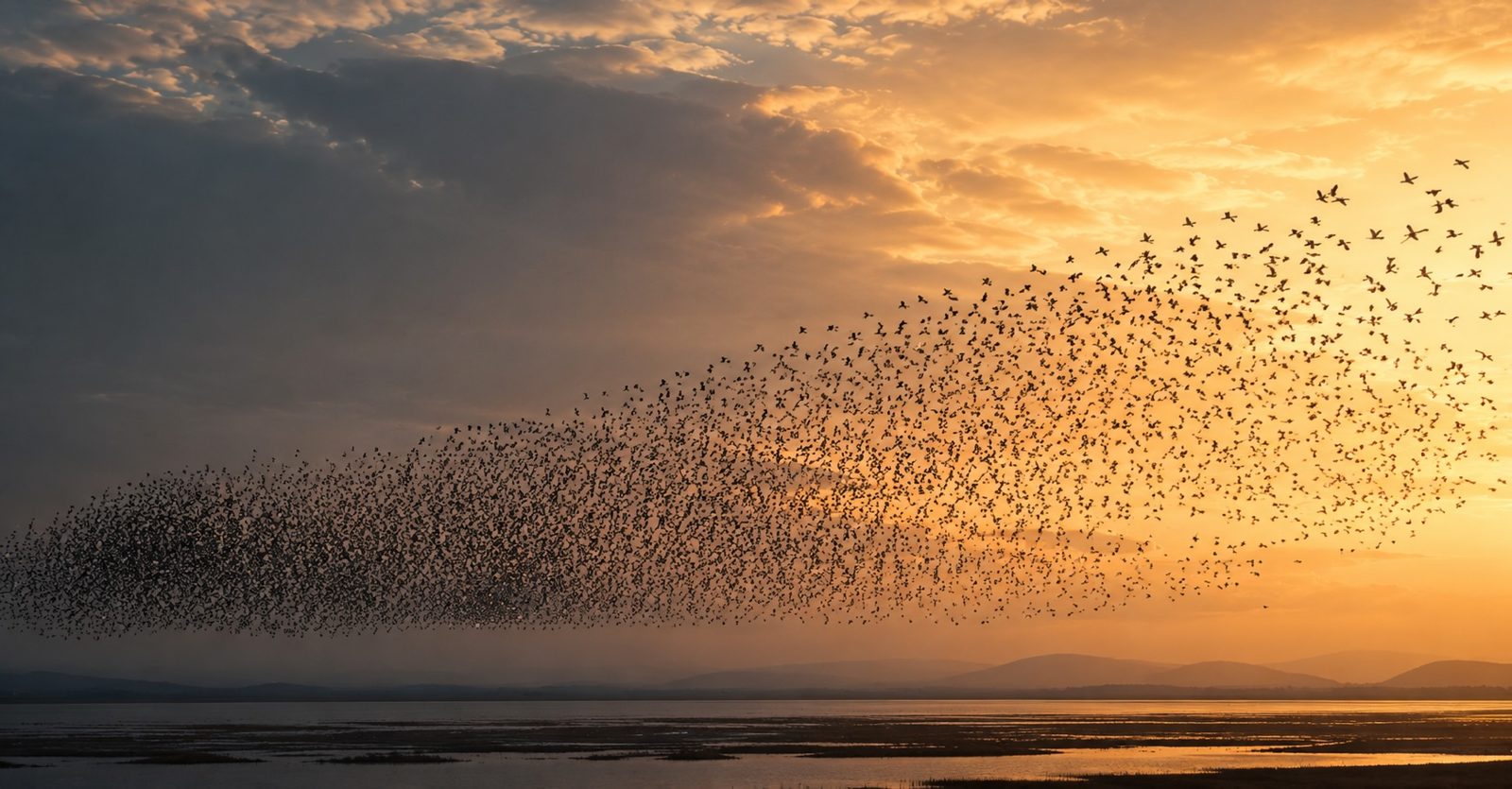 A murmuration of starlings spreading across a sunset sky