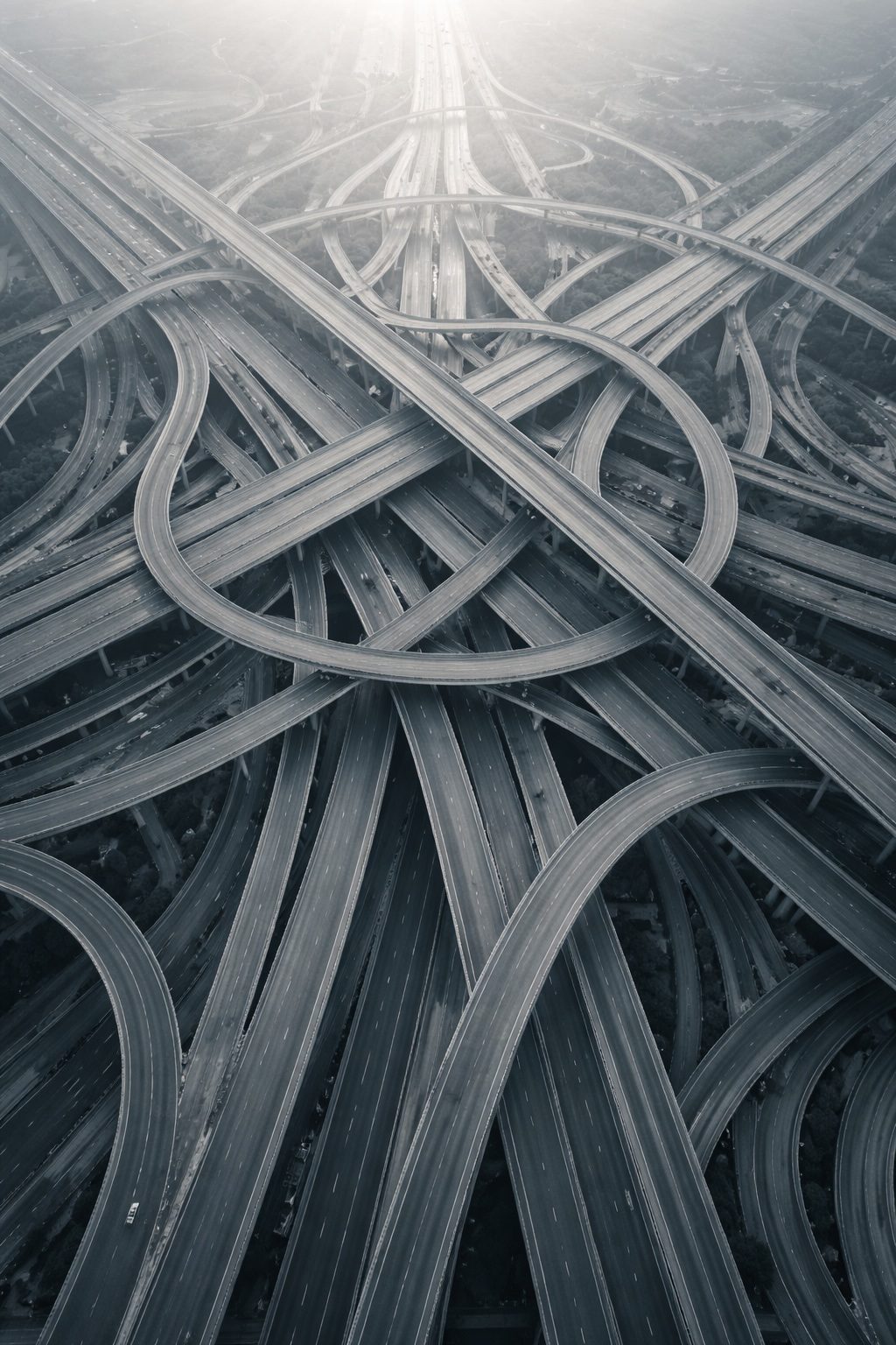 An aerial view of a complex multi-level motorway interchange